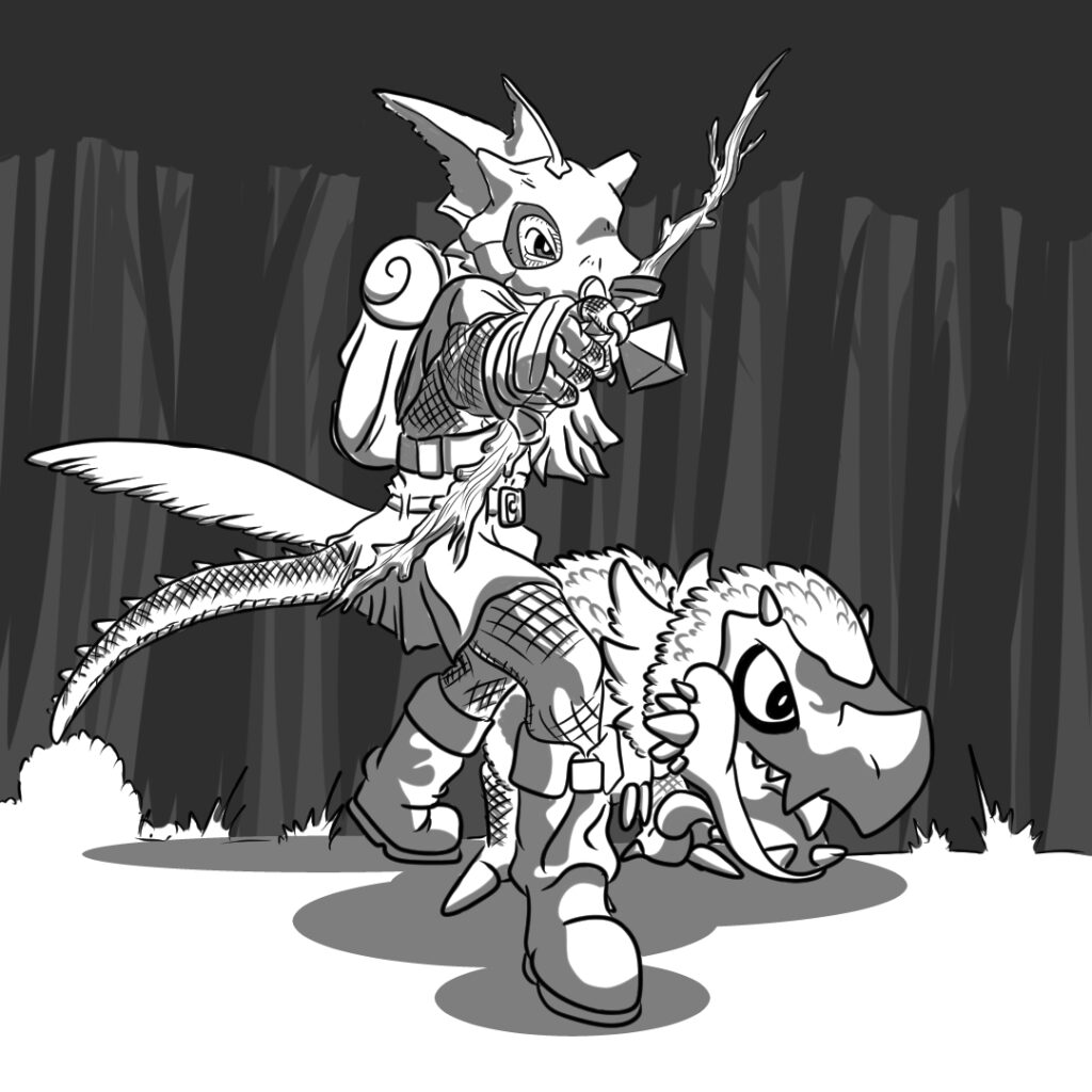 A grayscale portrait of a lizardfolk ranger and his deinonychus companion, in a combination of Ocarina of Time and Pokemon styles