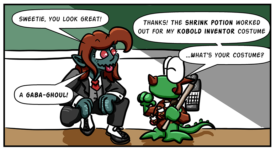 Iggy shows off his kobold inventor costume, while Melody shows off her gaba-ghoul outfit.