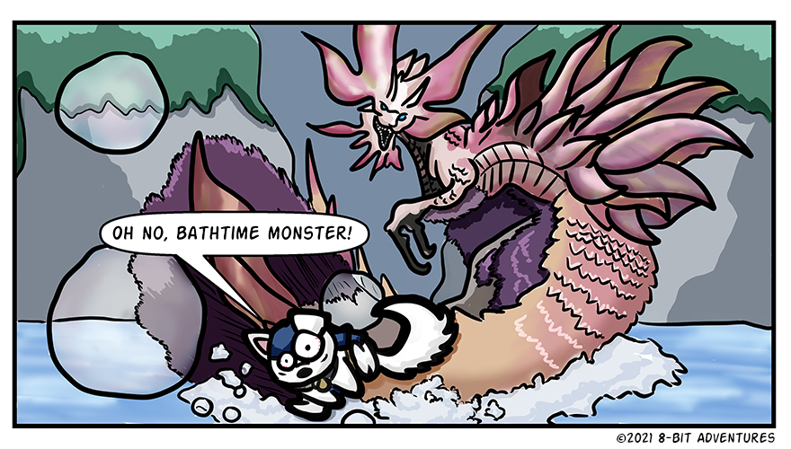 Monty is running from a Mizutsune, yelling "oh no, bathtime monster!"