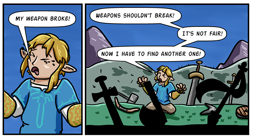 Link is lamenting that is weapon broke, while surrounded by discarded weapons.