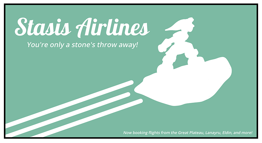 An airline advert with a silhouette of Link riding a boulder through the air over a plain background. It says "Stasis Airlines, only a stone's throw away!"